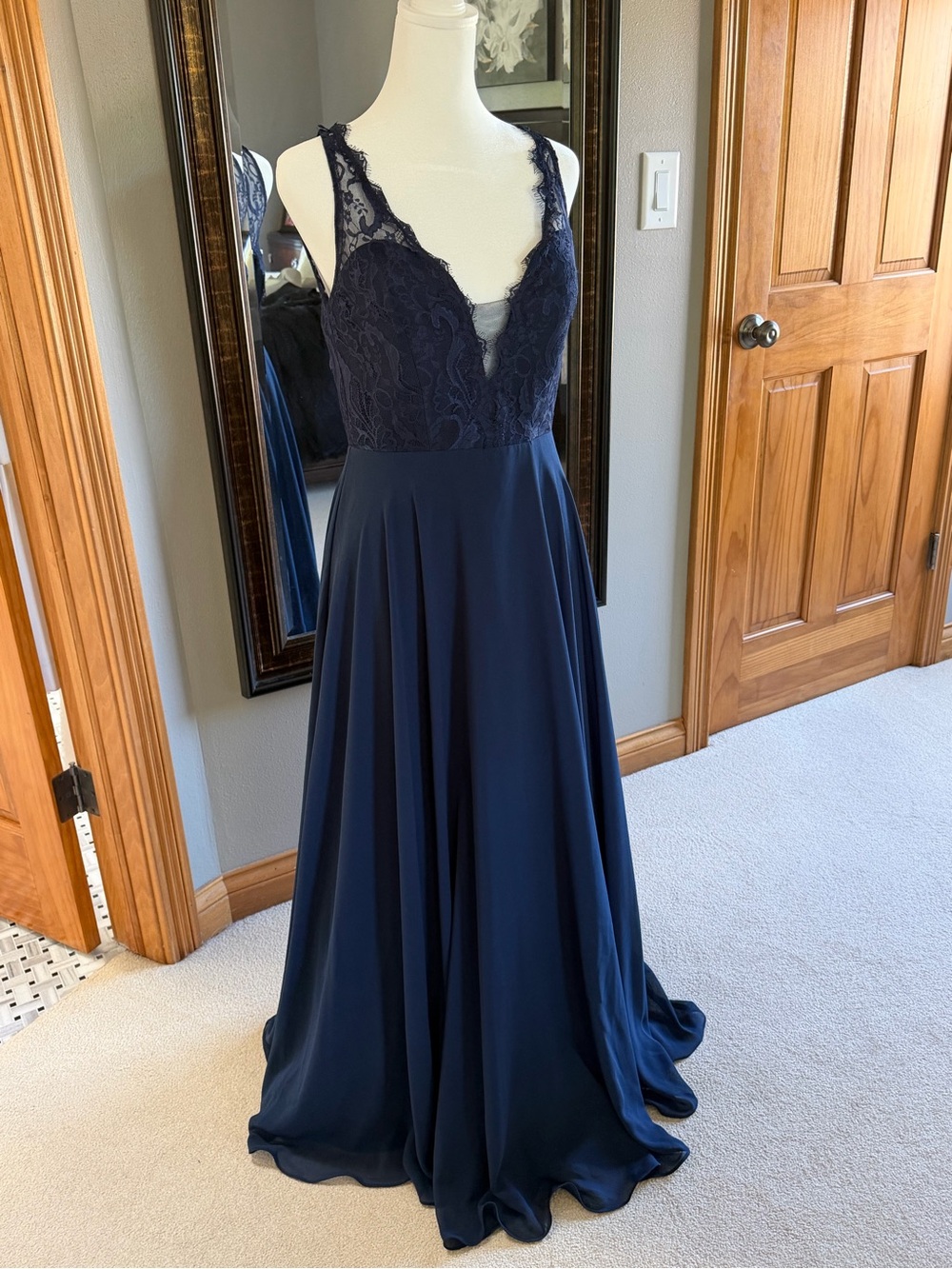 Hayley Paige Occasions Navy Lace V-Neck A-Line Gown
